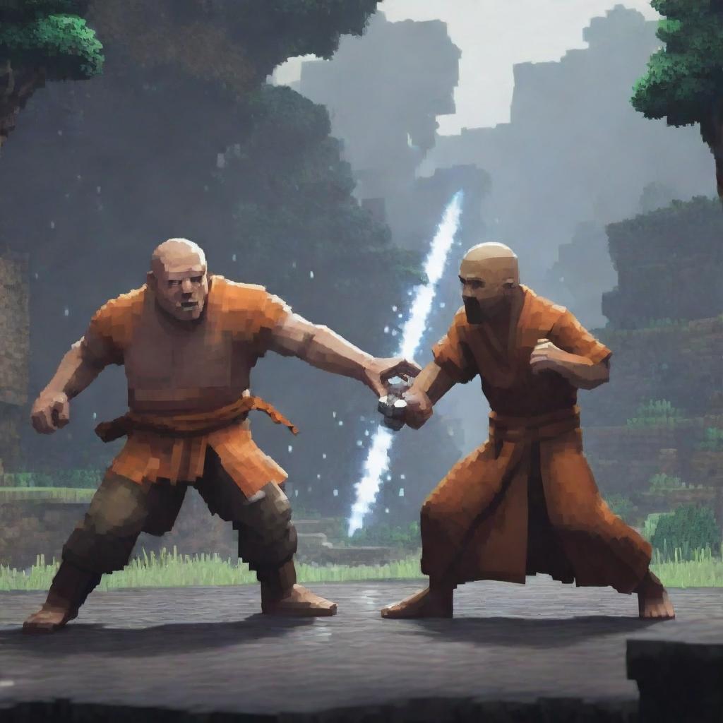 A dramatic scene where the Monk from Rain World is engaged in a fierce battle with Steve from Minecraft, in a mix of pixelated and naturalistic art styles.