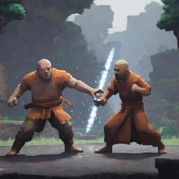 A dramatic scene where the Monk from Rain World is engaged in a fierce battle with Steve from Minecraft, in a mix of pixelated and naturalistic art styles.