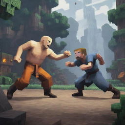 A dramatic scene where the Monk from Rain World is engaged in a fierce battle with Steve from Minecraft, in a mix of pixelated and naturalistic art styles.