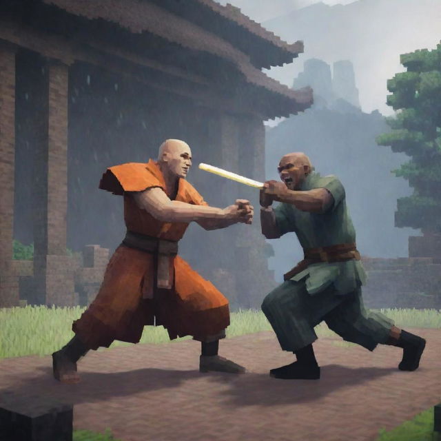 A dramatic scene where the Monk from Rain World is engaged in a fierce battle with Steve from Minecraft, in a mix of pixelated and naturalistic art styles.