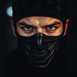 A dramatic close-up of a person's face wearing a black bandana and a distinctive mask, inspired by the iconic style from the series "Money Heist"