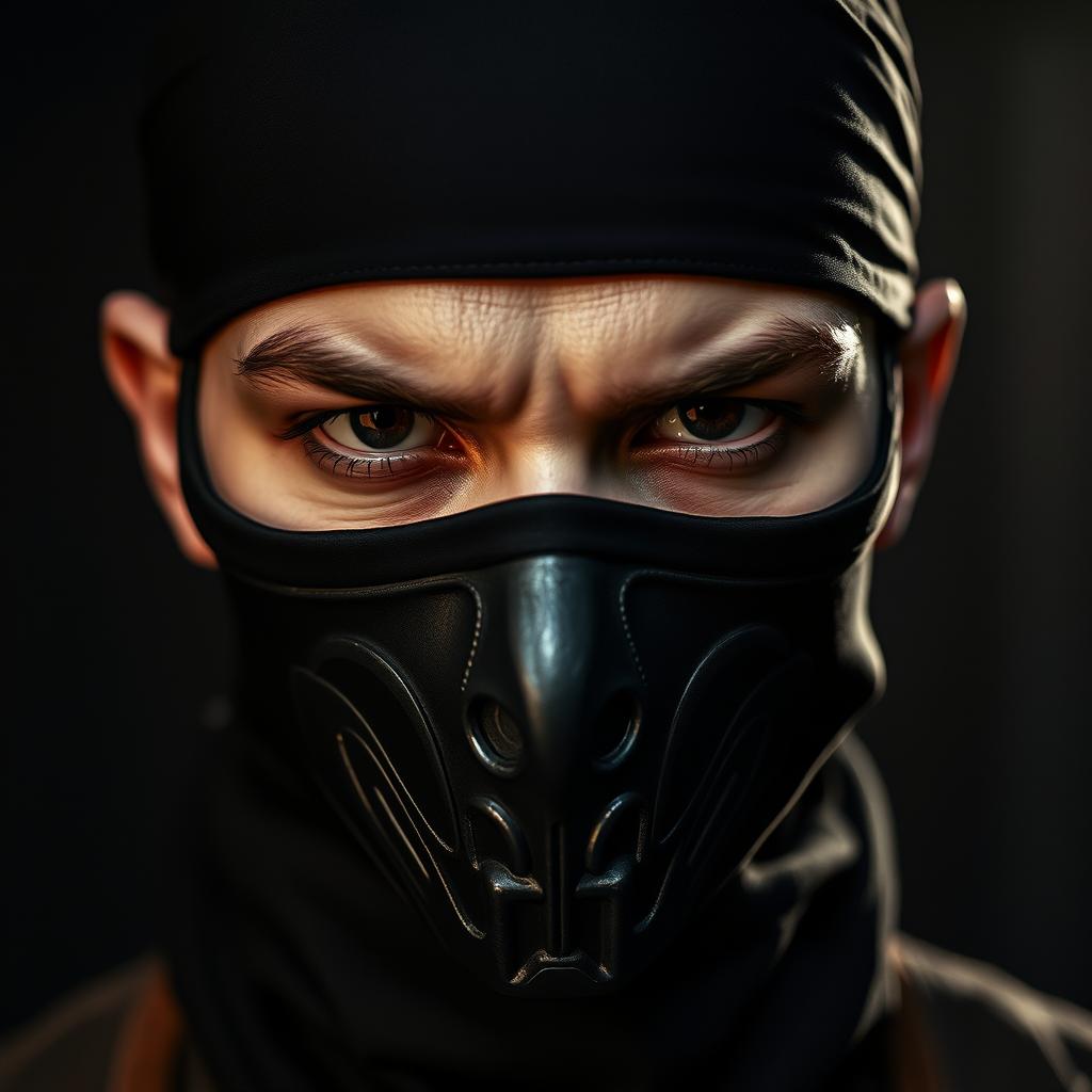 A dramatic close-up of a person's face wearing a black bandana and a distinctive mask, inspired by the iconic style from the series "Money Heist"