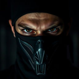 A dramatic close-up of a person's face wearing a black bandana and a distinctive mask, inspired by the iconic style from the series "Money Heist"