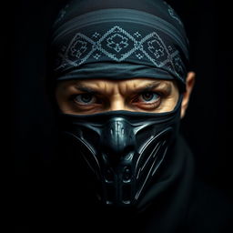 A dramatic close-up of a person's face wearing a black bandana and a distinctive mask, inspired by the iconic style from the series "Money Heist"