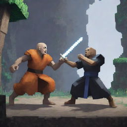 A dramatic scene where the Monk from Rain World is engaged in a fierce battle with Steve from Minecraft, in a mix of pixelated and naturalistic art styles.