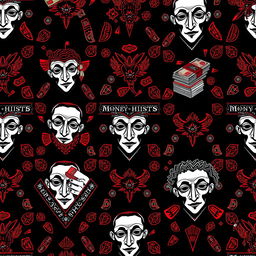 A vibrant and intricate pattern inspired by the Money Heist series, featuring iconic bandana designs