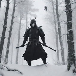 A monochrome rendering of a samurai clad in black and white amidst a snowy forest of slender, tall trees, inhabited by perched crows. Poised for a duel against a skeletal samurai figure.