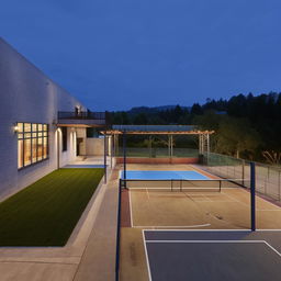 Enhance the existing image by adding an exceptional outdoor area featuring a basketball court, a tennis court, and an impressive swimming pool.