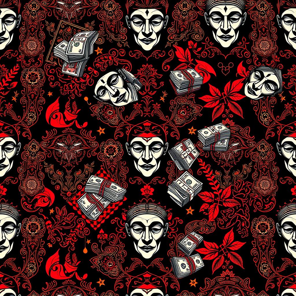 A vibrant and intricate pattern inspired by the Money Heist series, featuring iconic bandana designs