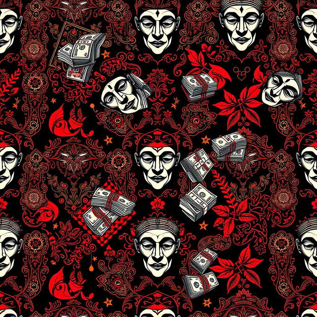 A vibrant and intricate pattern inspired by the Money Heist series, featuring iconic bandana designs