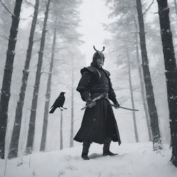 A monochrome rendering of a samurai clad in black and white amidst a snowy forest of slender, tall trees, inhabited by perched crows. Poised for a duel against a skeletal samurai figure.