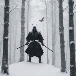 A monochrome rendering of a samurai clad in black and white amidst a snowy forest of slender, tall trees, inhabited by perched crows. Poised for a duel against a skeletal samurai figure.