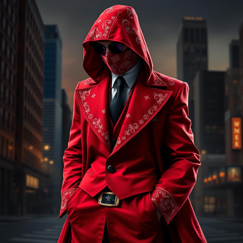 A detailed costume inspired by the Money Heist series, featuring a striking red bandana pattern