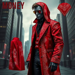 A detailed costume inspired by the Money Heist series, featuring a striking red bandana pattern