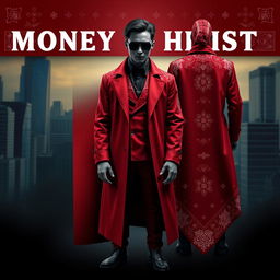 A detailed costume inspired by the Money Heist series, featuring a striking red bandana pattern