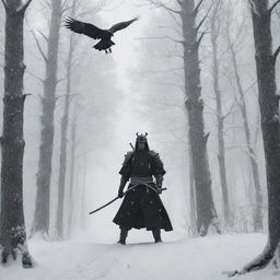 A monochrome rendering of a samurai clad in black and white amidst a snowy forest of slender, tall trees, inhabited by perched crows. Poised for a duel against a skeletal samurai figure.