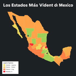 A detailed infographic map of Mexico showcasing the most violent states in 2023