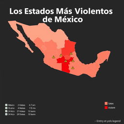 A detailed infographic map of Mexico showcasing the most violent states in 2023