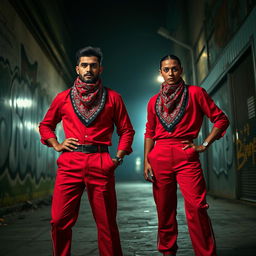 A stylish representation of characters wearing bandana pattern costumes inspired by the popular series Money Heist