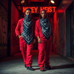 A stylish representation of characters wearing bandana pattern costumes inspired by the popular series Money Heist