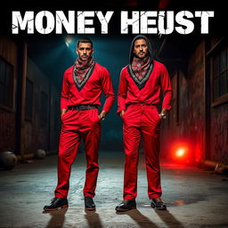 A stylish representation of characters wearing bandana pattern costumes inspired by the popular series Money Heist