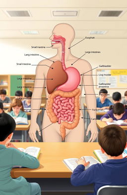 A detailed educational illustration of the human digestive system, showcasing its major components including the mouth, esophagus, stomach, small intestines, large intestines, liver, gallbladder, and pancreas