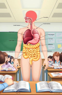 A detailed educational illustration of the human digestive system, showcasing its major components including the mouth, esophagus, stomach, small intestines, large intestines, liver, gallbladder, and pancreas