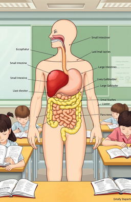 A detailed educational illustration of the human digestive system, showcasing its major components including the mouth, esophagus, stomach, small intestines, large intestines, liver, gallbladder, and pancreas