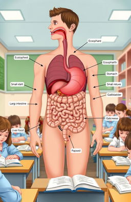 A detailed educational illustration of the human digestive system, showcasing its major components including the mouth, esophagus, stomach, small intestines, large intestines, liver, gallbladder, and pancreas