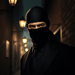 A mysterious and stylish portrayal of a mafia figure shrouded in an aura of danger, wearing a sleek black bandana