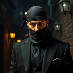 A mysterious and stylish portrayal of a mafia figure shrouded in an aura of danger, wearing a sleek black bandana