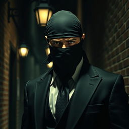 A mysterious and stylish portrayal of a mafia figure shrouded in an aura of danger, wearing a sleek black bandana