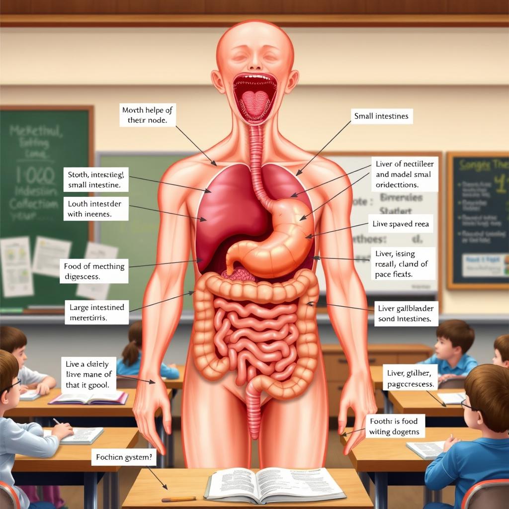 An educational module illustration of the human digestive system, featuring detailed depictions of the mouth, esophagus, stomach, small intestines, large intestines, liver, gallbladder, and pancreas