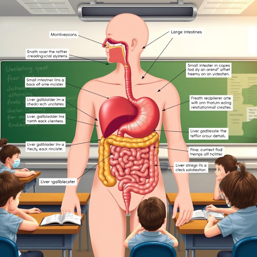 An educational module illustration of the human digestive system, featuring detailed depictions of the mouth, esophagus, stomach, small intestines, large intestines, liver, gallbladder, and pancreas