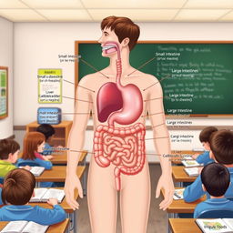 An educational module illustration of the human digestive system, featuring detailed depictions of the mouth, esophagus, stomach, small intestines, large intestines, liver, gallbladder, and pancreas