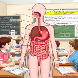 An educational module illustration of the human digestive system, featuring detailed depictions of the mouth, esophagus, stomach, small intestines, large intestines, liver, gallbladder, and pancreas