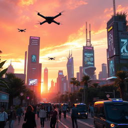 A futuristic urban landscape at sunset, showcasing a vibrant skyline with towering skyscrapers featuring neon lights and holographic advertisements