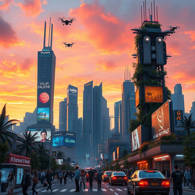 A futuristic urban landscape at sunset, showcasing a vibrant skyline with towering skyscrapers featuring neon lights and holographic advertisements