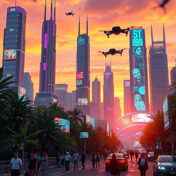 A futuristic urban landscape at sunset, showcasing a vibrant skyline with towering skyscrapers featuring neon lights and holographic advertisements