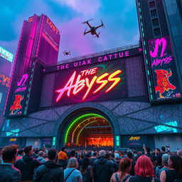 A large concert venue named 'The Abyss', designed in a stunning cyberpunk style