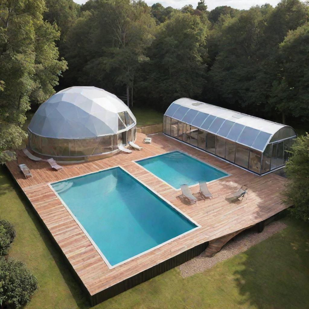 An architectural design showcasing a harmonious amalgamation of a geodesic dome, a repurposed shipping container, and a rectangular swimming pool, each separate but seamlessly integrated into the layout.