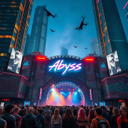 A large concert venue named 'The Abyss', designed in a stunning cyberpunk style