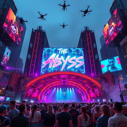 A large concert venue named 'The Abyss', designed in a stunning cyberpunk style