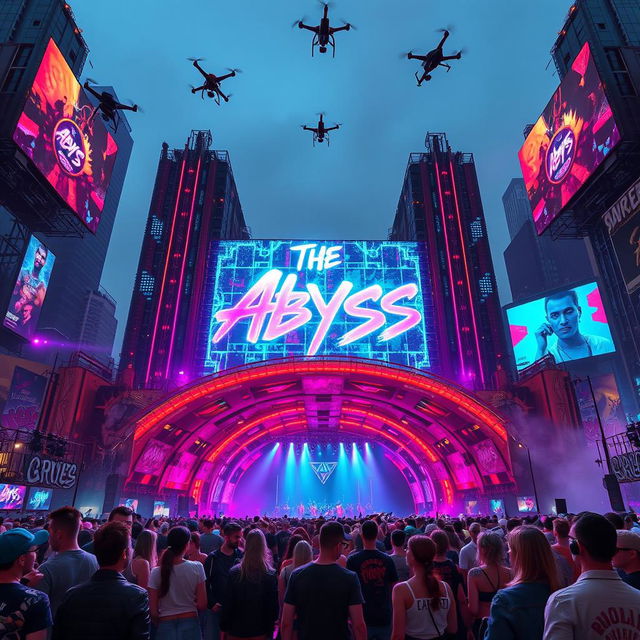 A large concert venue named 'The Abyss', designed in a stunning cyberpunk style