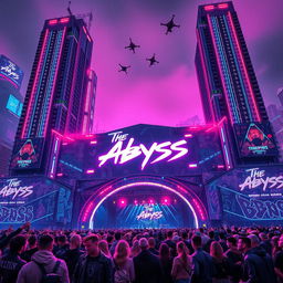 A large concert venue named 'The Abyss', designed in a stunning cyberpunk style