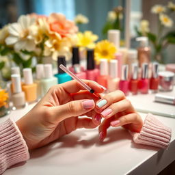 A close-up photograph of a person's hands while painting their nails