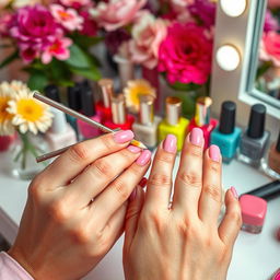 A close-up photograph of a person's hands while painting their nails