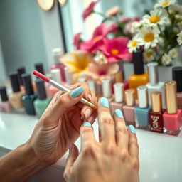 A close-up photograph of a person's hands while painting their nails