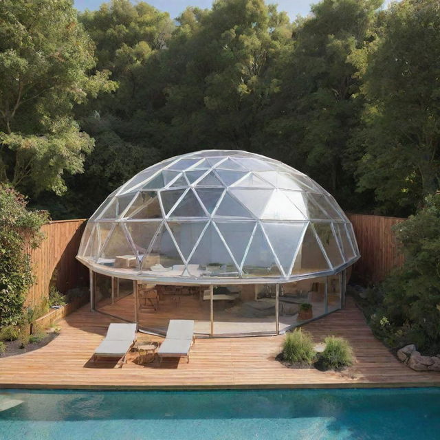 An architectural design showcasing a harmonious amalgamation of a geodesic dome, a repurposed shipping container, and a rectangular swimming pool, each separate but seamlessly integrated into the layout.