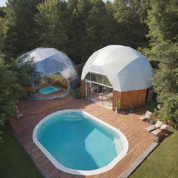 An architectural design showcasing a harmonious amalgamation of a geodesic dome, a repurposed shipping container, and a rectangular swimming pool, each separate but seamlessly integrated into the layout.